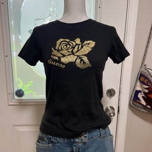 Guess Black Short-Sleeve Tee with Gold Rose Print